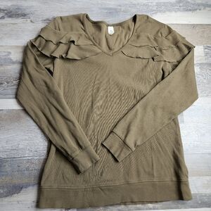 Kate Quinn Long Sleeve V-Neck Ruffle Top Olive Green Medium